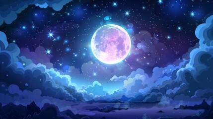 Poster - starry space with bright glowing planet and fog, full moon and crescent in night sky complete with c