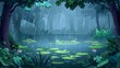 A forest covered with rain, with water lilies floating on a swamp or lake. A wooded landscape with marsh. Fantasy background with wild pond covered with ooze. Cartoon illustration.