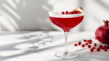 Savor the exquisite taste of a Pomegranate Margarita cocktail, expertly crafted and beautifully captured in professional cocktail photography. This enticing libation is presented in a minimalist glass