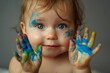 Adorable preschool boy and girl paint with vibrant, colorful creativity, playful hand smudges in funny, cute group drawing