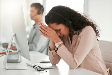 Wall Mural - Exhausted, headache and woman customer service consultant with computer in office with burnout for crm. Migraine, stress and female with headset for technical support, telemarketing or call center.