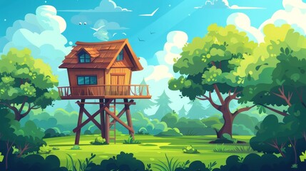 Canvas Print - The cottage at the end of the summer is in a 2d landscape, on stilts, on a green field, surrounded by trees. Cartoon nature scene view with seperate layers, Modern illustration.