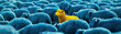 A vibrant yellow sheep stands out in a crowd of identical blue sheep, symbolizing individuality, uniqueness, and the courage to be different, created with generative AI technology