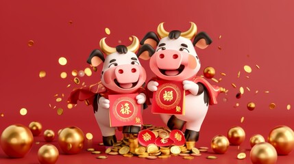 Wall Mural - Happy Chinese New Year in 2021. Cute cows holding enormous red packets on pile of money.