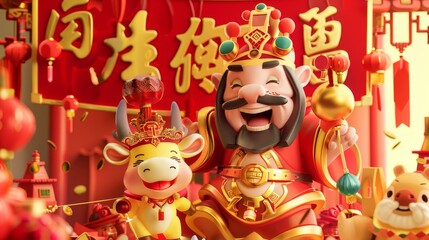 Wall Mural - New Year's cartoon greeting card with Chinese God of Wealth and cute ox. Translation: Welcome to the New Year.