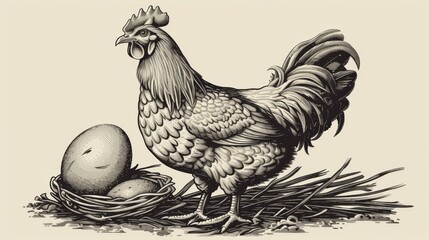 An engraving template for a fresh farm product. The hen sits on a nest with an egg box mock up. The concept is free range chicken and fresh farm eggs.