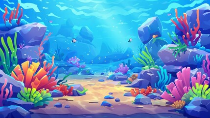 Ocean bottom landscape with stones, corals, seaweed, tropical animals, and plants on the seafloor. Modern cartoon illustration.