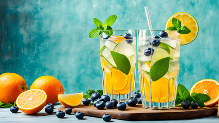 Refreshing summer lemonade with blueberries, orange, lime and mint in glasses.