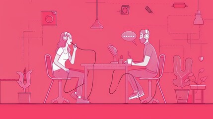 An interview with an interviewee on a podcast landing page. Woman and man in headphones talking and drinking coffee at a desk. Line art flat modern web banner with speech bubbles.