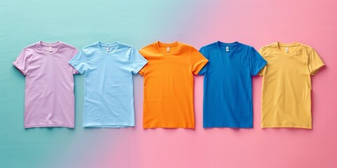 Wall Mural - A row of brightly colored shirts are displayed on a pink background