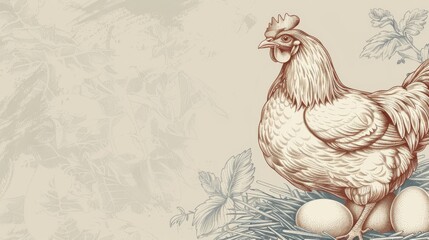 Template for a vintage ad for a farm product in engraving design. A hen sits on a nest next to an egg box mock up. Concept of a free range farm chicken and fresh farm eggs.