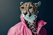 Cheetah with pink jacket and eyeglasses