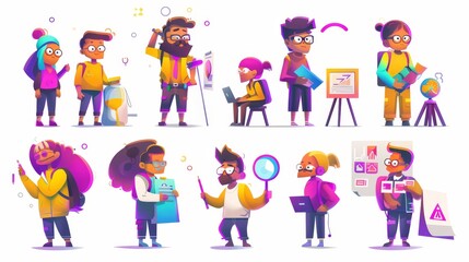 Poster - The creative analytics team characters are isolated on white background. They are doing research with magnifying glasses, drawing with markers, preparing presentations and using laptops.