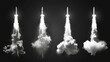 Set of realistic smoke clouds after quick starting, jumping or rocket launch. Foggy trail modern illustration isolated on transparent background.