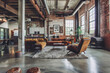 Industrial glam loft featuring exposed brick walls, polished concrete floors, and luxe velvet furnishings.