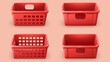 Modern set with red empty plastic crate for grocery delivery. Reusable fruit storage in supermarket. Clean food containers mockup for warehouse organization.