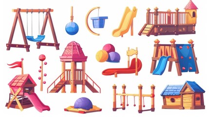 Wall Mural - Playground equipment for kids: swing, slide, sandbox, seesaw, toys, ball isolated on white background, modern cartoon illustration.