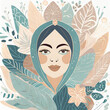 A stylized woman's face in turban surrounded by minimalist botanical elements. Vector illustration for T-shirt design, textile or logo