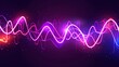 The neon sound wave and abstract light modern background is reminiscent of an audio or voice frequency wave. The radio pulse effect curve design is reminiscent of a music track line. The graph of an