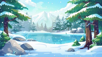 Poster - Animated winter forest with lake background. Snowy trees in park on cold north pole. Rocky graphic environment for fantasy northern games.