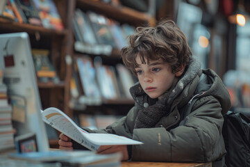 Poster - A photograph of a child using a library computer to look up information for a homework assignment, t