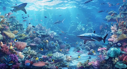 Underwater scene with colorful coral reefs, various fish and sea creatures swimming in the deep blue ocean