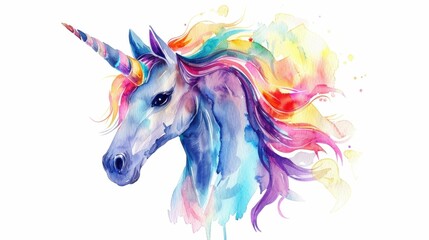  Majestic unicorn with rainbow mane in watercolor painting on white background