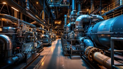 Navigate the intricate landscape of modern industrial power plants, examining the sophisticated equipment, meticulously arranged cables, and intricate piping systems that define their operational core