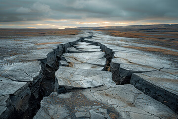 Poster - A photograph of a surreal landscape where ground cracks mimic the splitting of atoms, emanating a so