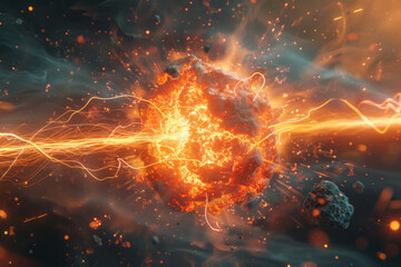 Poster - A scene visualizing electron capture, where an atom nucleus absorbs an orbiting electron, depict