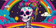 Festive Sugar Skull with Rainbow and Clouds Illustration