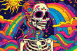 Psychedelic Skull with Floral and Rainbow Motifs