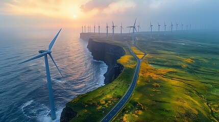 Wall Mural - Highway and Wind Turbines: Aerial Perspective of Coastal Serenity