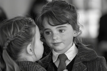 A photograph of a little girl adjusting her friend's tie before the morning assembly, a moment of ca