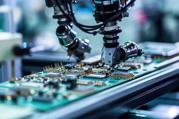 A computer chip is being assembled by two robotic arms