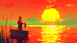 fisherman goes into the sunset with a bucket
