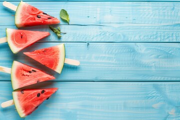 Wall Mural - Peale watermelon slices on a blue wooden background with copy space. Top view.