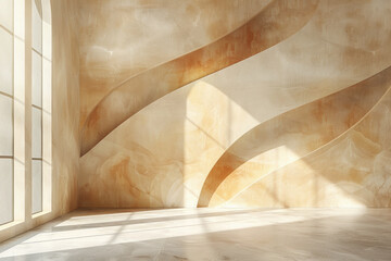 Poster - An image depicting a serene bedroom with a minimalist geometric mural, featuring thin, intersecting
