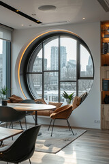 Fototapete - A photograph of a modern office space with a large, circular window that punctuates an otherwise una
