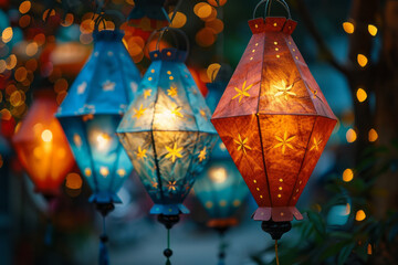Leinwandbilder - A scene depicting a festive decoration where paper lanterns are made using a simple triangular foldi