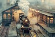Railway Station with an old train and clouds of smoke. Tilt shift, Steampunk and retro-futurism style