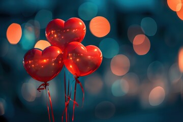 Sticker - Red heart balloons, with blurred background with bokeh lights