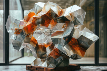 Poster - An image of a sculptural collage that combines metal, wood, and acrylic pieces cut into geometric fo