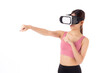Young asian woman in sportswear wearing vr headset for exercise with punch isolated white background, girl workout with vr, technology virtual reality and simulator, sport and healthcare.