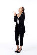 portrait young asian business woman pointing and presenting isolated on white background, advertising and marketing, executive and manager, businesswoman confident showing something with expression.