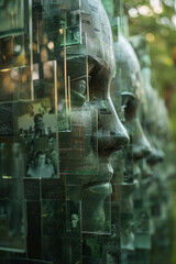 Poster - An image of an abstract memorial sculpture, where photos and names are etched into metal plates arra