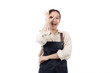 Joyful young asian woman wearing apron is barista attire gesturing OK with her hand, expressing satisfied and approval, isolated white background, happy female making ok sign, waiter of cafe.