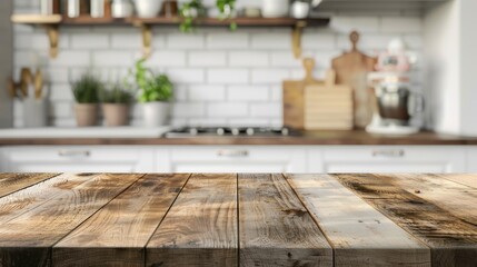 Sticker - Empty wooden table top with blurred kitchen interior background for product display montage, 3D rendering.
