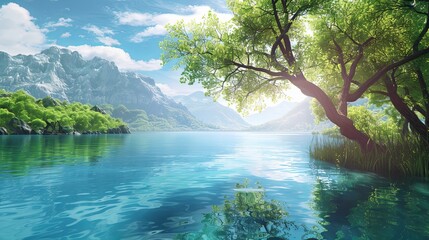 Poster - river with mountain and trees