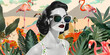 © inspiring  - Vintage Glamour Woman with Sunglasses Surrounded by Tropical Flamingos